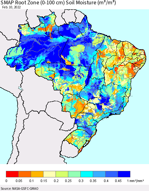 Brazil SMAP Root Zone (0-100 cm) Soil Moisture (m³/m³) Thematic Map For 2/6/2022 - 2/10/2022