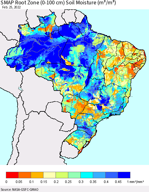 Brazil SMAP Root Zone (0-100 cm) Soil Moisture (m³/m³) Thematic Map For 2/21/2022 - 2/25/2022
