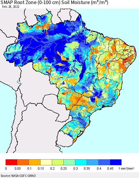 Brazil SMAP Root Zone (0-100 cm) Soil Moisture (m³/m³) Thematic Map For 2/26/2022 - 2/28/2022