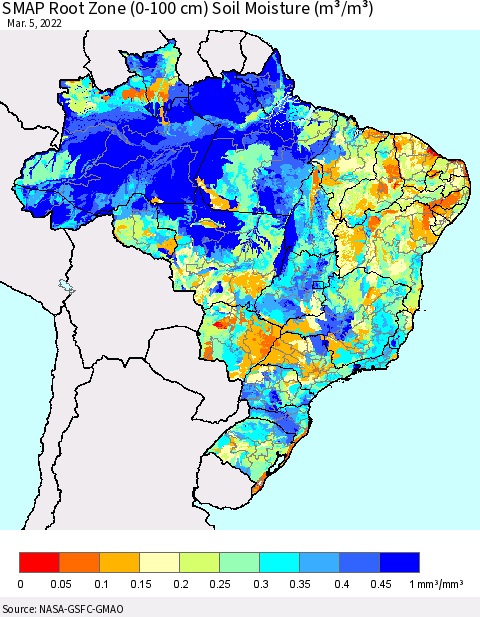 Brazil SMAP Root Zone (0-100 cm) Soil Moisture (m³/m³) Thematic Map For 3/1/2022 - 3/5/2022