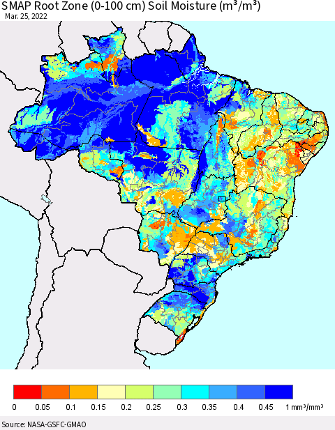 Brazil SMAP Root Zone (0-100 cm) Soil Moisture (m³/m³) Thematic Map For 3/21/2022 - 3/25/2022
