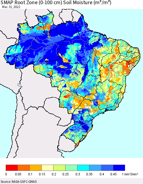 Brazil SMAP Root Zone (0-100 cm) Soil Moisture (m³/m³) Thematic Map For 3/26/2022 - 3/31/2022