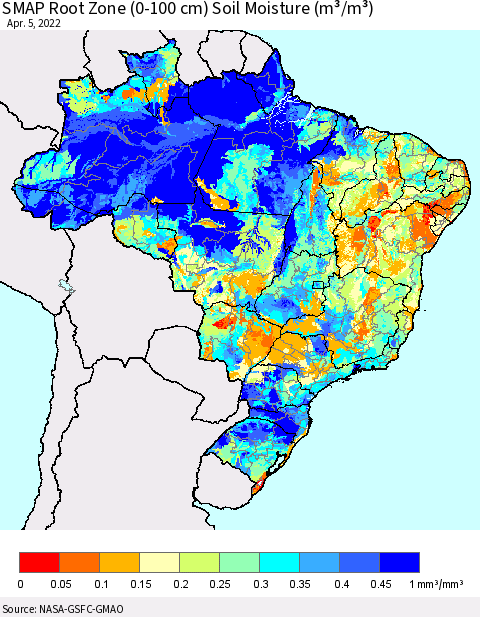 Brazil SMAP Root Zone (0-100 cm) Soil Moisture (m³/m³) Thematic Map For 4/1/2022 - 4/5/2022