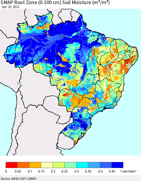 Brazil SMAP Root Zone (0-100 cm) Soil Moisture (m³/m³) Thematic Map For 4/6/2022 - 4/10/2022