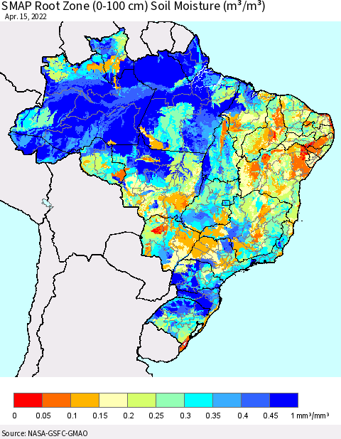 Brazil SMAP Root Zone (0-100 cm) Soil Moisture (m³/m³) Thematic Map For 4/11/2022 - 4/15/2022