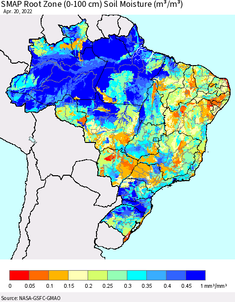 Brazil SMAP Root Zone (0-100 cm) Soil Moisture (m³/m³) Thematic Map For 4/16/2022 - 4/20/2022