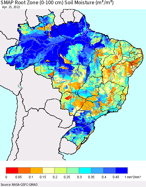 Brazil SMAP Root Zone (0-100 cm) Soil Moisture (m³/m³) Thematic Map For 4/21/2022 - 4/25/2022