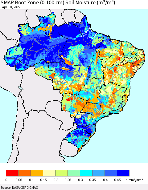 Brazil SMAP Root Zone (0-100 cm) Soil Moisture (m³/m³) Thematic Map For 4/26/2022 - 4/30/2022