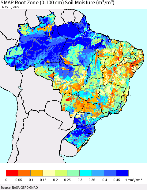 Brazil SMAP Root Zone (0-100 cm) Soil Moisture (m³/m³) Thematic Map For 5/1/2022 - 5/5/2022