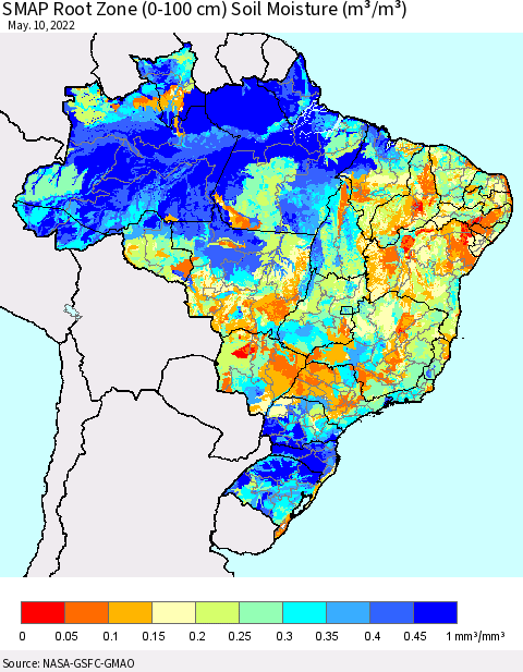Brazil SMAP Root Zone (0-100 cm) Soil Moisture (m³/m³) Thematic Map For 5/6/2022 - 5/10/2022