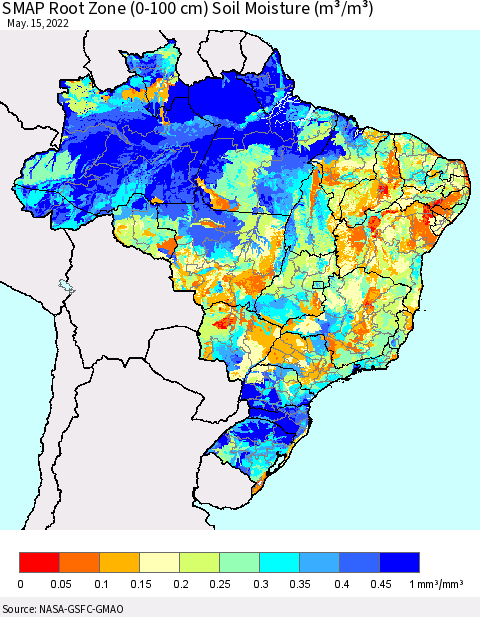 Brazil SMAP Root Zone (0-100 cm) Soil Moisture (m³/m³) Thematic Map For 5/11/2022 - 5/15/2022