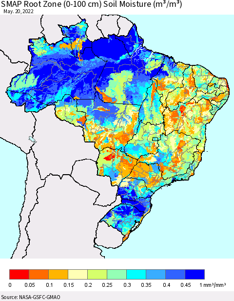 Brazil SMAP Root Zone (0-100 cm) Soil Moisture (m³/m³) Thematic Map For 5/16/2022 - 5/20/2022