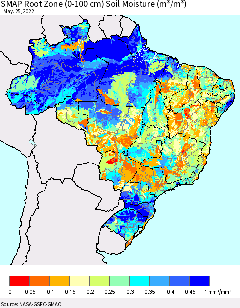 Brazil SMAP Root Zone (0-100 cm) Soil Moisture (m³/m³) Thematic Map For 5/21/2022 - 5/25/2022