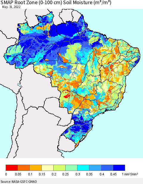 Brazil SMAP Root Zone (0-100 cm) Soil Moisture (m³/m³) Thematic Map For 5/26/2022 - 5/31/2022