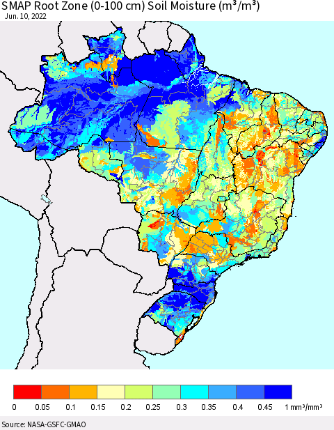 Brazil SMAP Root Zone (0-100 cm) Soil Moisture (m³/m³) Thematic Map For 6/6/2022 - 6/10/2022