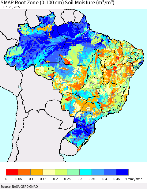 Brazil SMAP Root Zone (0-100 cm) Soil Moisture (m³/m³) Thematic Map For 6/16/2022 - 6/20/2022