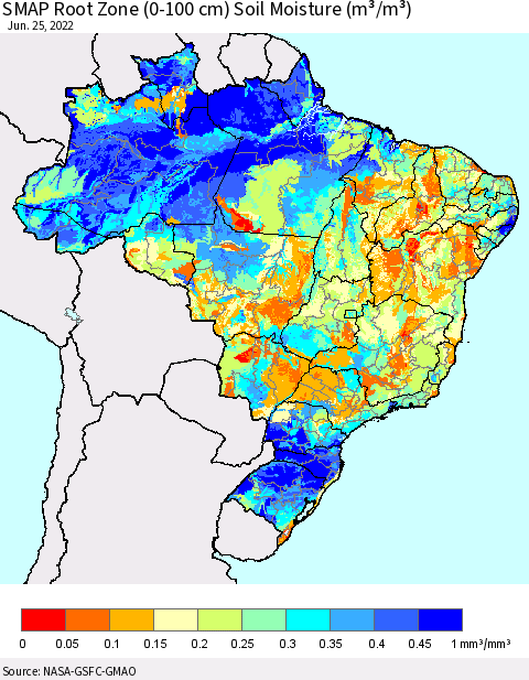 Brazil SMAP Root Zone (0-100 cm) Soil Moisture (m³/m³) Thematic Map For 6/21/2022 - 6/25/2022