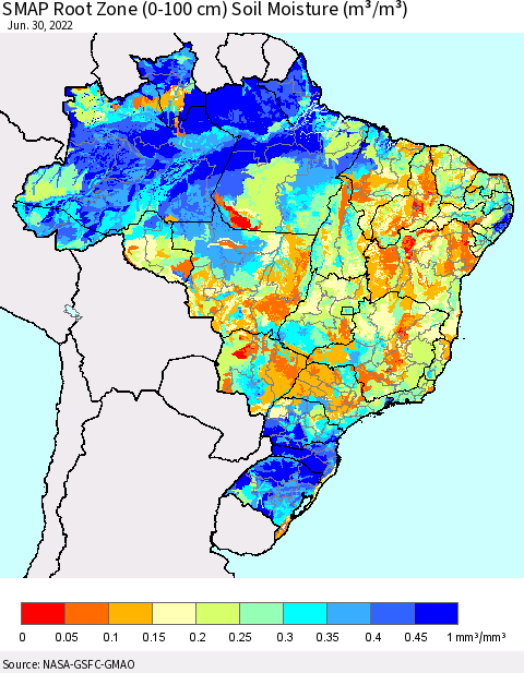 Brazil SMAP Root Zone (0-100 cm) Soil Moisture (m³/m³) Thematic Map For 6/26/2022 - 6/30/2022