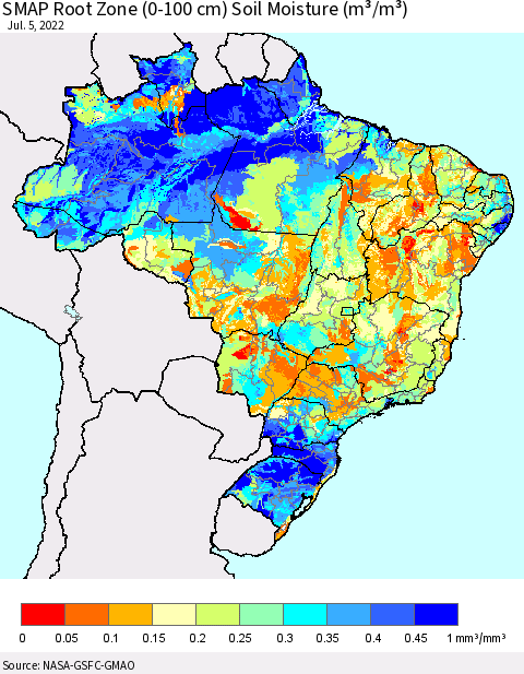 Brazil SMAP Root Zone (0-100 cm) Soil Moisture (m³/m³) Thematic Map For 7/1/2022 - 7/5/2022