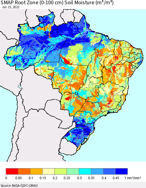 Brazil SMAP Root Zone (0-100 cm) Soil Moisture (m³/m³) Thematic Map For 7/11/2022 - 7/15/2022