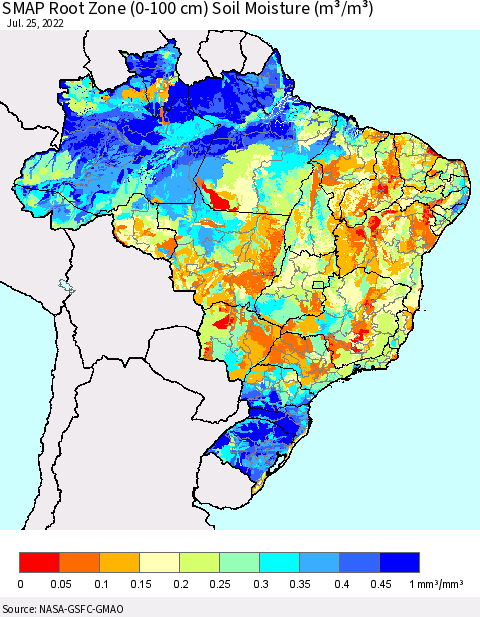 Brazil SMAP Root Zone (0-100 cm) Soil Moisture (m³/m³) Thematic Map For 7/21/2022 - 7/25/2022