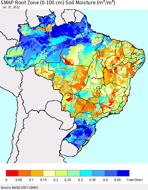 Brazil SMAP Root Zone (0-100 cm) Soil Moisture (m³/m³) Thematic Map For 7/26/2022 - 7/31/2022
