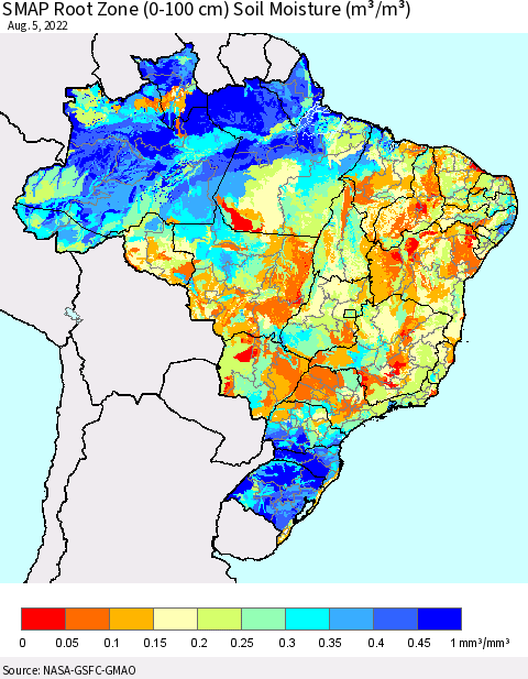 Brazil SMAP Root Zone (0-100 cm) Soil Moisture (m³/m³) Thematic Map For 8/1/2022 - 8/5/2022