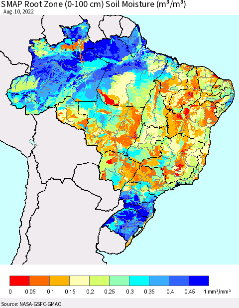 Brazil SMAP Root Zone (0-100 cm) Soil Moisture (m³/m³) Thematic Map For 8/6/2022 - 8/10/2022