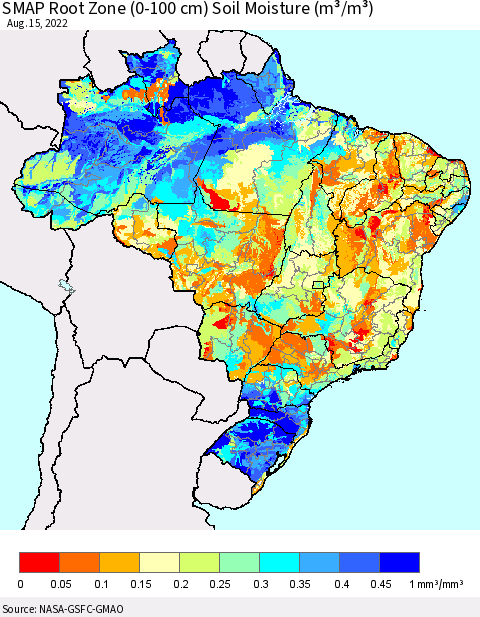 Brazil SMAP Root Zone (0-100 cm) Soil Moisture (m³/m³) Thematic Map For 8/11/2022 - 8/15/2022
