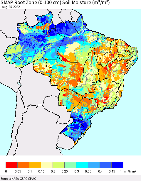 Brazil SMAP Root Zone (0-100 cm) Soil Moisture (m³/m³) Thematic Map For 8/21/2022 - 8/25/2022