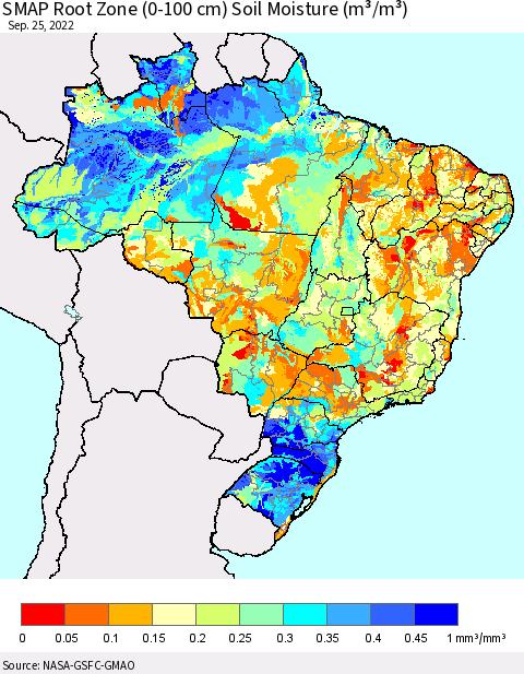 Brazil SMAP Root Zone (0-100 cm) Soil Moisture (m³/m³) Thematic Map For 9/21/2022 - 9/25/2022