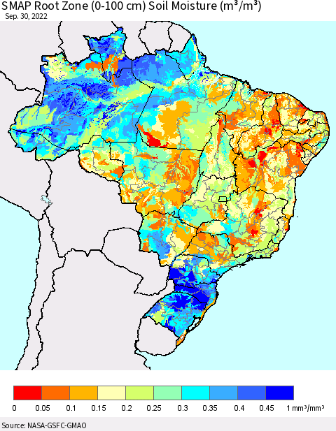 Brazil SMAP Root Zone (0-100 cm) Soil Moisture (m³/m³) Thematic Map For 9/26/2022 - 9/30/2022