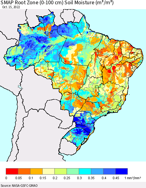 Brazil SMAP Root Zone (0-100 cm) Soil Moisture (m³/m³) Thematic Map For 10/11/2022 - 10/15/2022