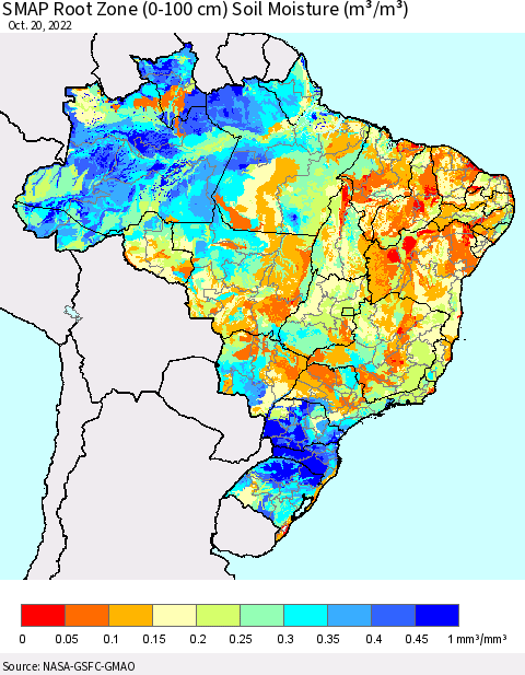 Brazil SMAP Root Zone (0-100 cm) Soil Moisture (m³/m³) Thematic Map For 10/16/2022 - 10/20/2022
