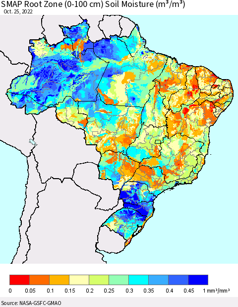Brazil SMAP Root Zone (0-100 cm) Soil Moisture (m³/m³) Thematic Map For 10/21/2022 - 10/25/2022