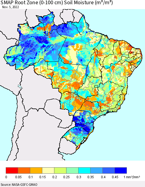 Brazil SMAP Root Zone (0-100 cm) Soil Moisture (m³/m³) Thematic Map For 11/1/2022 - 11/5/2022