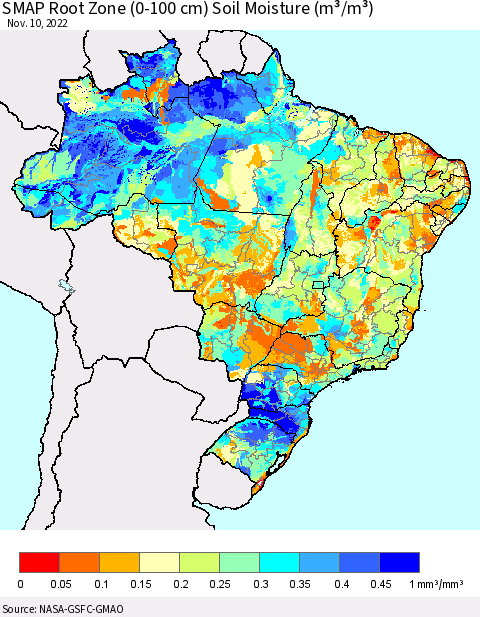 Brazil SMAP Root Zone (0-100 cm) Soil Moisture (m³/m³) Thematic Map For 11/6/2022 - 11/10/2022