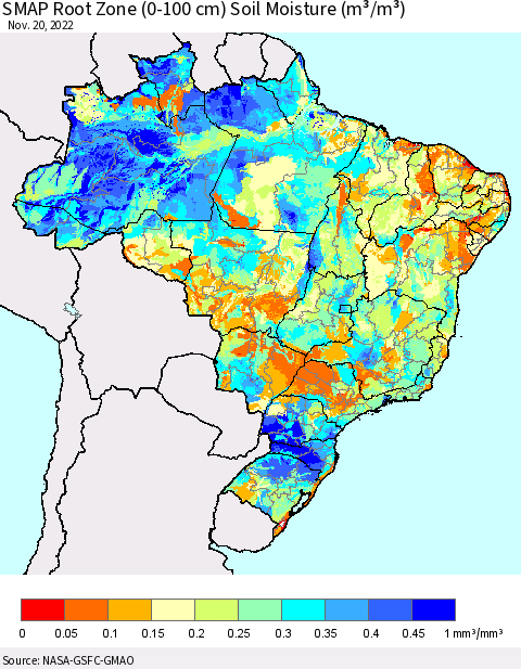 Brazil SMAP Root Zone (0-100 cm) Soil Moisture (m³/m³) Thematic Map For 11/16/2022 - 11/20/2022