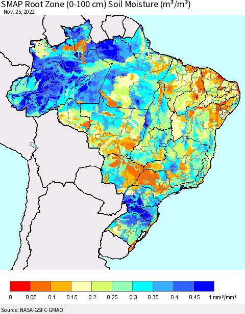 Brazil SMAP Root Zone (0-100 cm) Soil Moisture (m³/m³) Thematic Map For 11/21/2022 - 11/25/2022