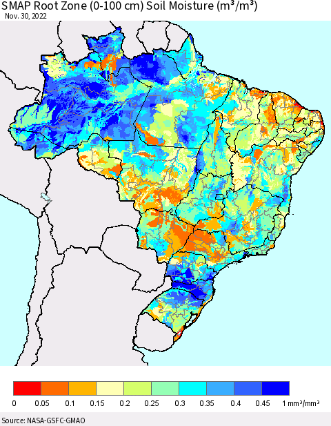 Brazil SMAP Root Zone (0-100 cm) Soil Moisture (m³/m³) Thematic Map For 11/26/2022 - 11/30/2022
