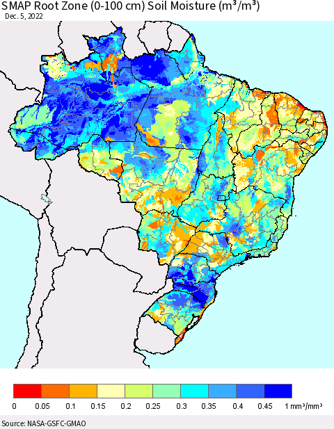 Brazil SMAP Root Zone (0-100 cm) Soil Moisture (m³/m³) Thematic Map For 12/1/2022 - 12/5/2022