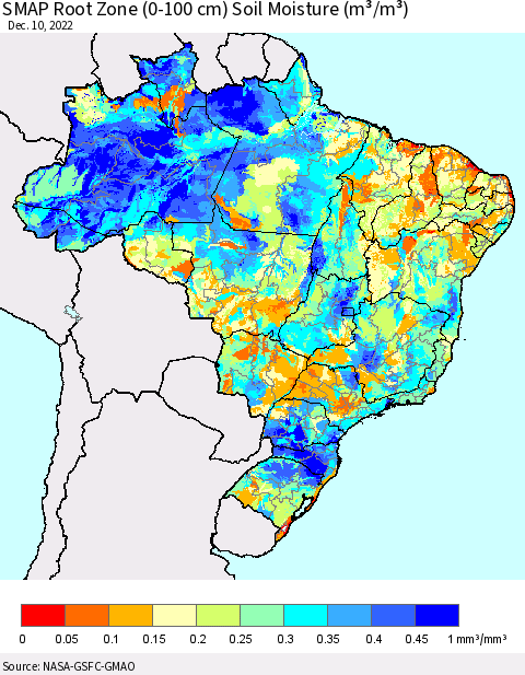 Brazil SMAP Root Zone (0-100 cm) Soil Moisture (m³/m³) Thematic Map For 12/6/2022 - 12/10/2022