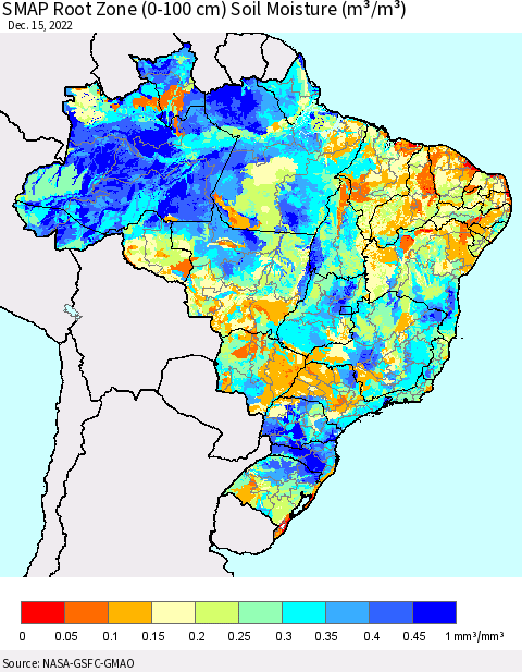 Brazil SMAP Root Zone (0-100 cm) Soil Moisture (m³/m³) Thematic Map For 12/11/2022 - 12/15/2022