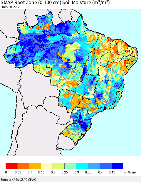Brazil SMAP Root Zone (0-100 cm) Soil Moisture (m³/m³) Thematic Map For 12/16/2022 - 12/20/2022