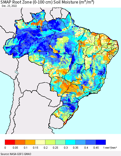 Brazil SMAP Root Zone (0-100 cm) Soil Moisture (m³/m³) Thematic Map For 12/21/2022 - 12/25/2022