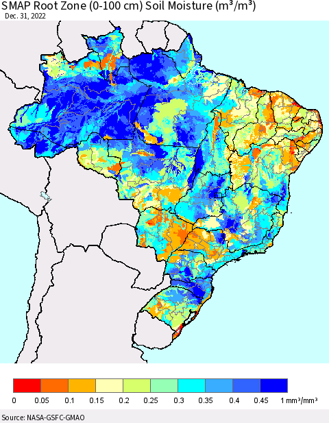 Brazil SMAP Root Zone (0-100 cm) Soil Moisture (m³/m³) Thematic Map For 12/26/2022 - 12/31/2022