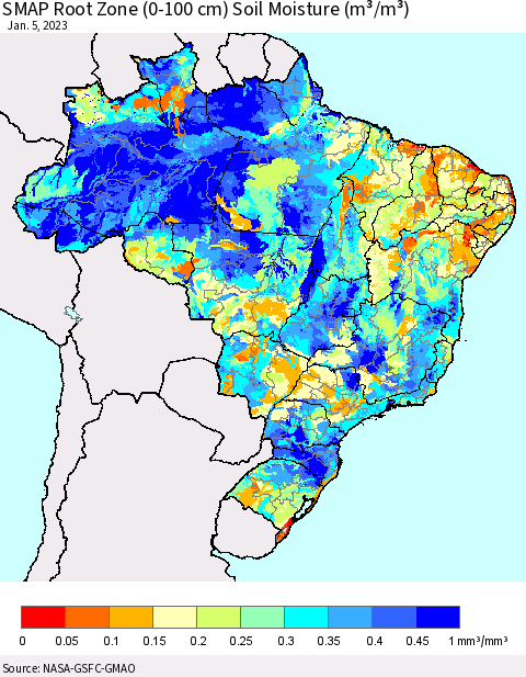 Brazil SMAP Root Zone (0-100 cm) Soil Moisture (m³/m³) Thematic Map For 1/1/2023 - 1/5/2023
