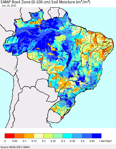 Brazil SMAP Root Zone (0-100 cm) Soil Moisture (m³/m³) Thematic Map For 1/6/2023 - 1/10/2023