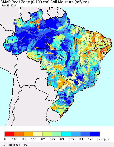 Brazil SMAP Root Zone (0-100 cm) Soil Moisture (m³/m³) Thematic Map For 1/11/2023 - 1/15/2023