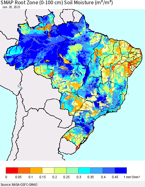 Brazil SMAP Root Zone (0-100 cm) Soil Moisture (m³/m³) Thematic Map For 1/16/2023 - 1/20/2023